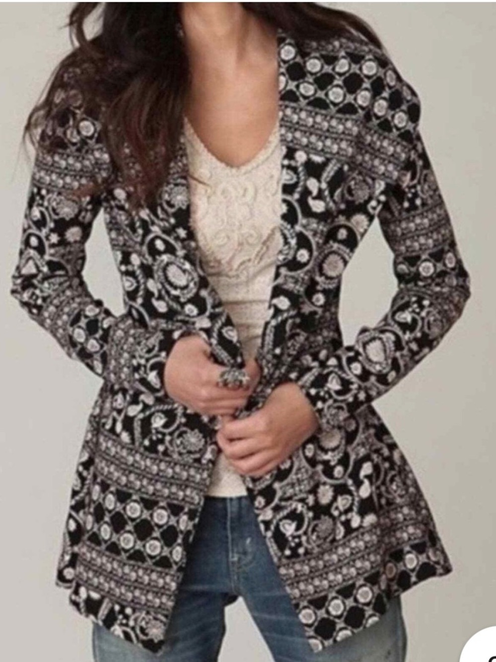Free People Black and Cream Paisley Layering Jacket